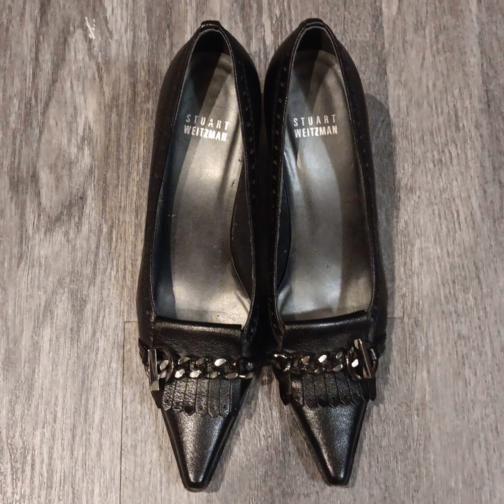 Stuart Weitzman Size 6 M Kiltie Black Leather Kitten Heels Chain Y2K Designer